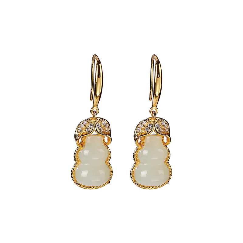 925 sterling silver gold plated natural Hetian jade earrings retro personality gourd earring pendant for ladies ear hooks
925 sterling silver gold plated natural Hetian jade earrings retro personality gourd earring pendant for ladies ear hooks
