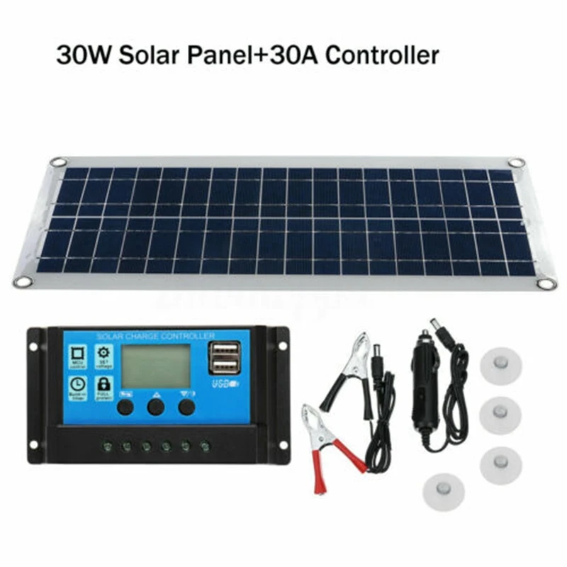 NEW 30W набор гибких солнечных панелей с двумя usb портами + контроллер 30A зажим для