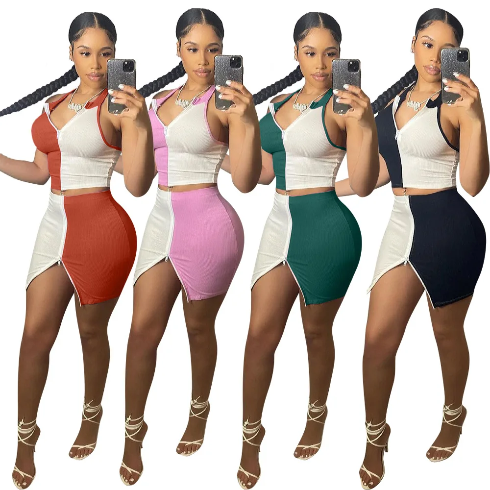 Color Block Patchwork Two Piece Set Skirt Woman Sleeveless Halter Crop Top And Zipper Mini Skirt Ribbed Elastic Tracksuit
Color Block Patchwork Two Piece Set Skirt Woman Sleeveless Halter Crop Top And Zipper Mini Skirt Ribbed Elastic Tracksuit