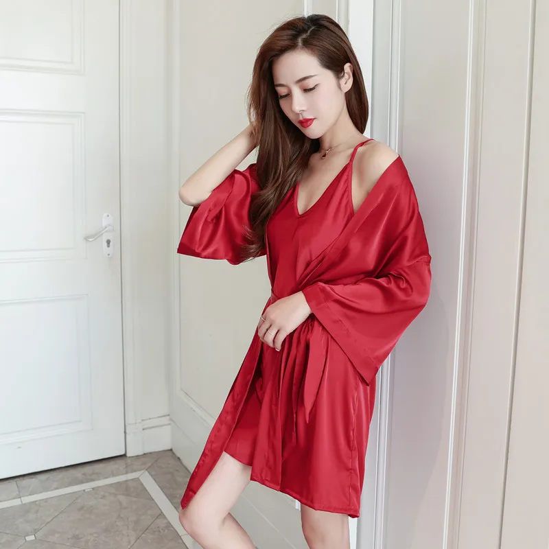 

Burgundy Women 2PCS Robe Sets Sexy V-Neck Kimono Nightgown Bride Dressing Gown Summer Rayon Sleepshirt Skirt Lounge Home Dress