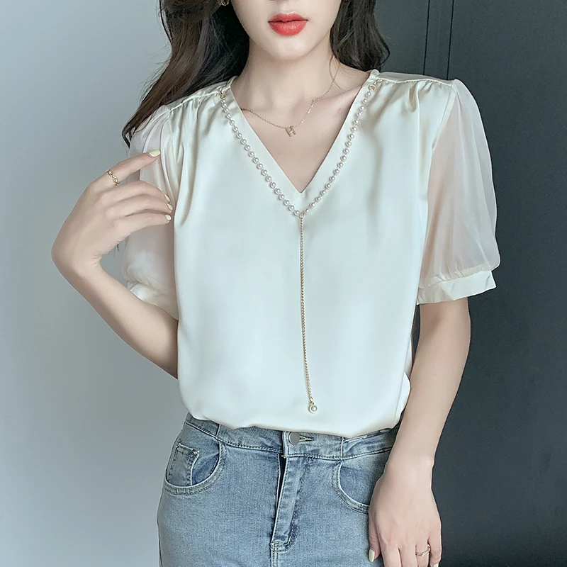 Pearl Beaded V Neck Blouse Women Summer Short Sleeve Pink Shirts Plus Size Fashion Elegant Office Ladies Blusas Mujer
Pearl Beaded V Neck Blouse Women Summer Short Sleeve Pink Shirts Plus Size Fashion Elegant Office Ladies Blusas Mujer