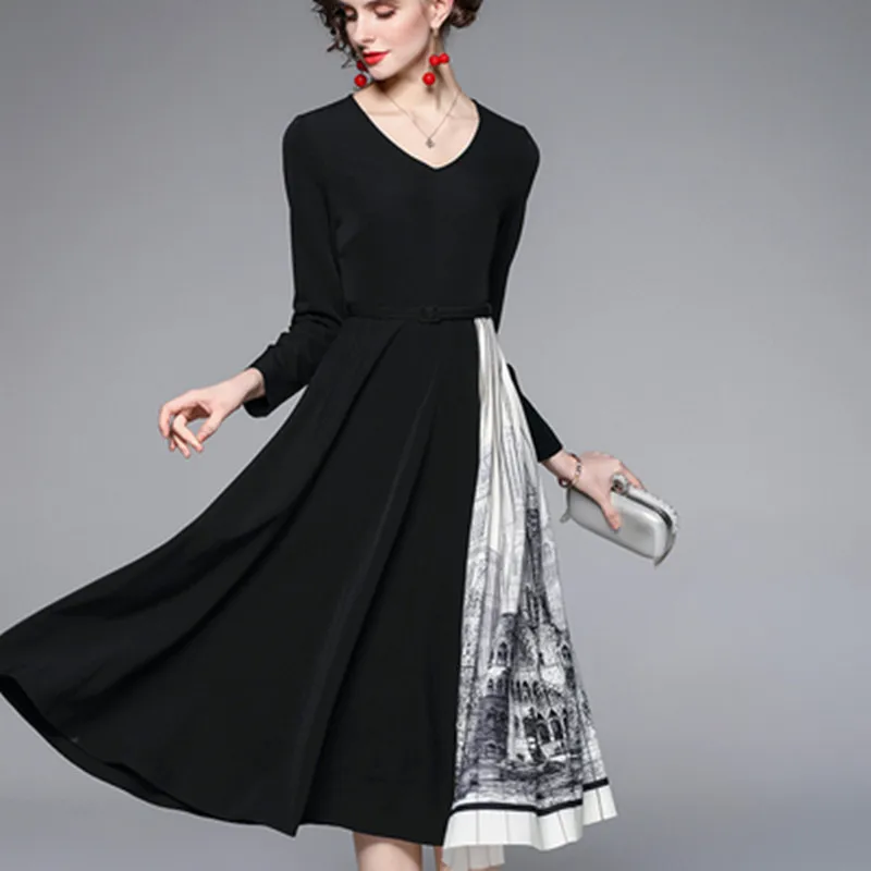 Luxury Designer Autumn Winter V-Neck Slim Vintage Pleated Dress For Women Fashion Floral Print Splicing Midi Elegant Dress Robe
Luxury Designer Autumn Winter V-Neck Slim Vintage Pleated Dress For Women Fashion Floral Print Splicing Midi Elegant Dress Robe