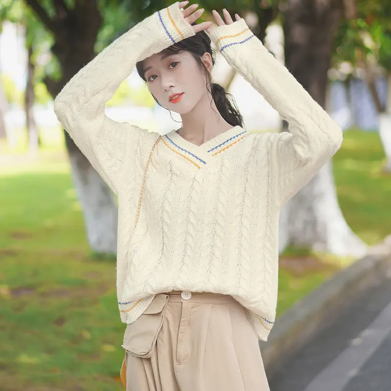 2020 Autumn Women Fashion Long-Sleeve V-neck Striped Twist Sweaters Big Elastic Pullovers Tops Knitwear Preppy Style
2020 Autumn Women Fashion Long-Sleeve V-neck Striped Twist Sweaters Big Elastic Pullovers Tops Knitwear Preppy Style