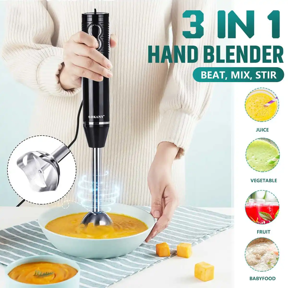 

3-in-1 300W Immersion Hand Stick Blender 2 Speeds Electric Food Vegetable Grinder Hand-held Cooking Complementary Food Machine