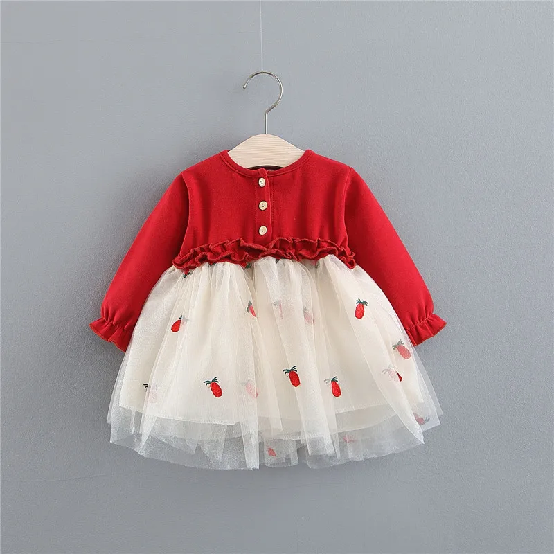 Autumn Newborn Baby Dress Cotton Toddler Infant Strawberry Print Yarn Party Dresses for Girls Fashion Girl Clothes | Мать и ребенок