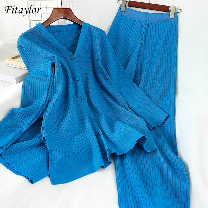 Fitaylor 2021 Spring Autumn Women 2 Pieces Set Casual Single Breasted Knitted V-Neck Top+ Long Loose Pants Female Sweater
Fitaylor 2021 Spring Autumn Women 2 Pieces Set Casual Single Breasted Knitted V-Neck Top+ Long Loose Pants Female Sweater