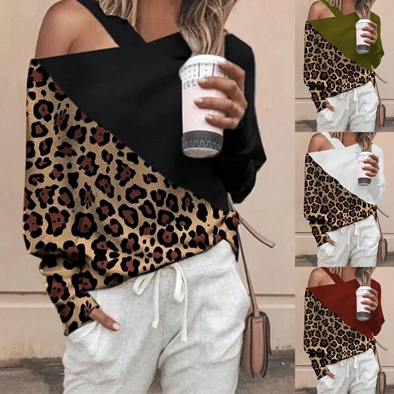 Women Diagonal Shoulder Neck Leopard Print Long Sleeve Top Casual Loose Stitching Plus Size Autumn Winter T-Shirt
Women Diagonal Shoulder Neck Leopard Print Long Sleeve Top Casual Loose Stitching Plus Size Autumn Winter T-Shirt