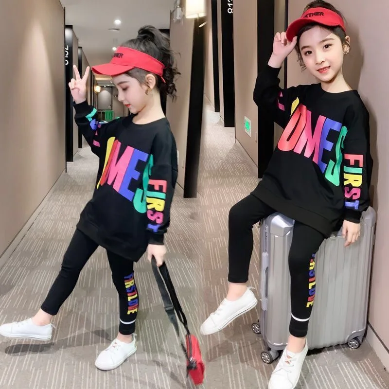 2021 Spring Autumn Girls Clothes Letters T-shirt Tracksuit Loose Hoodie T Shirt + Leggings Stretch Pants 4 5 6 7 8 9 10 12 Years | Детская