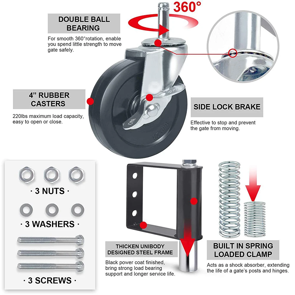 4/5 Inch Spring Loaded Gate Caster 220lbs Capacity Fence Door Wheel Universal Mount Load Capacity Home Gate Door Roller Slider
4/5 Inch Spring Loaded Gate Caster 220lbs Capacity Fence Door Wheel Universal Mount Load Capacity Home Gate Door Roller Slider