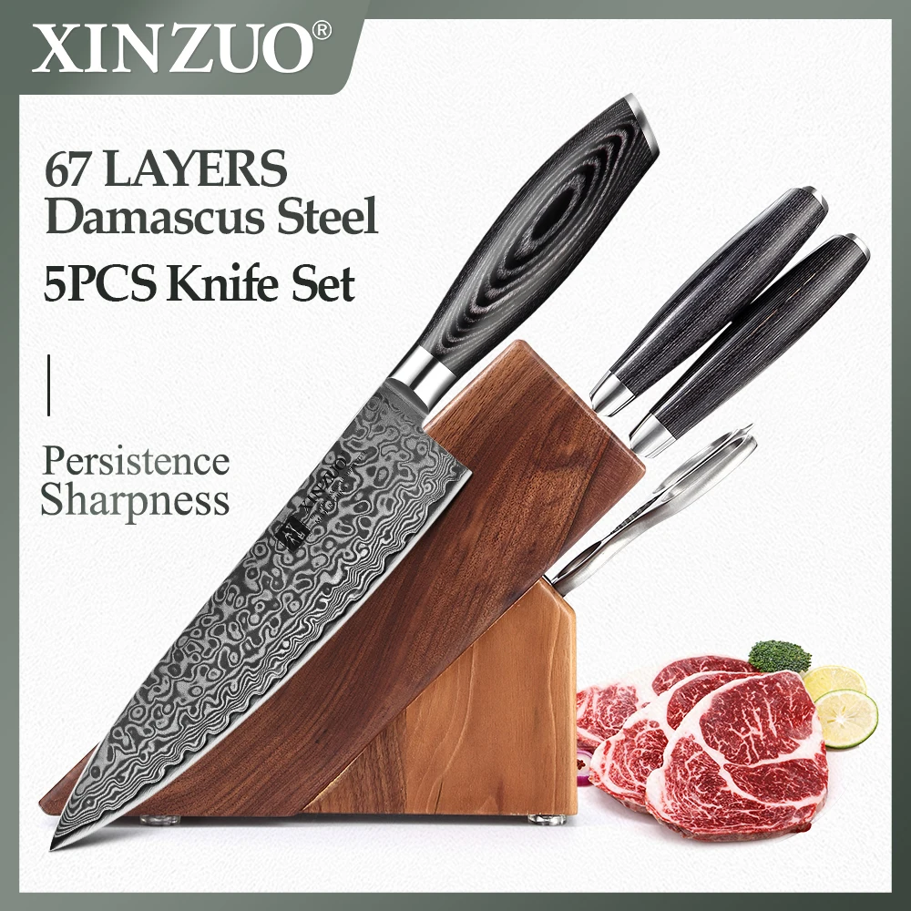

XINZUO Kitchen Knife Set 5PCS Chef Knife Japanese Damascus Steel Chef Santoku Sharp Blade Knife Holder Scissors Cooking Tools