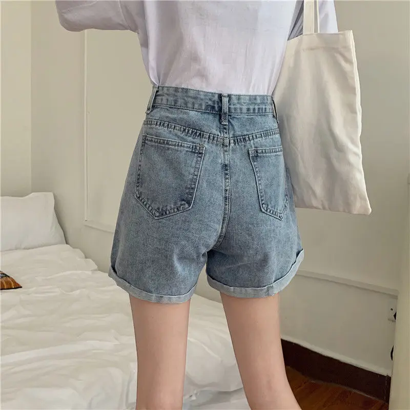 Summer Korean ins design high waist curled denim shorts for female students