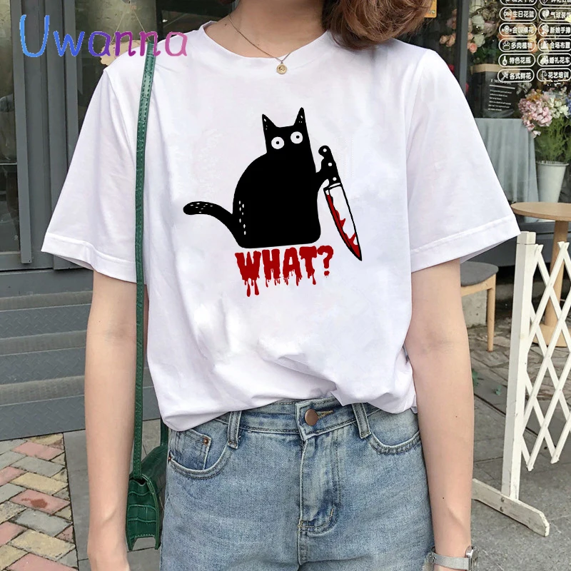 Black Cat What Women T-shirt Funny Murderous Cat Knife Print T shirt Summer O-neck short sleeve Tops Tee Femme personality shirt
Black Cat What Women T-shirt Funny Murderous Cat Knife Print T shirt Summer O-neck short sleeve Tops Tee Femme personality shirt