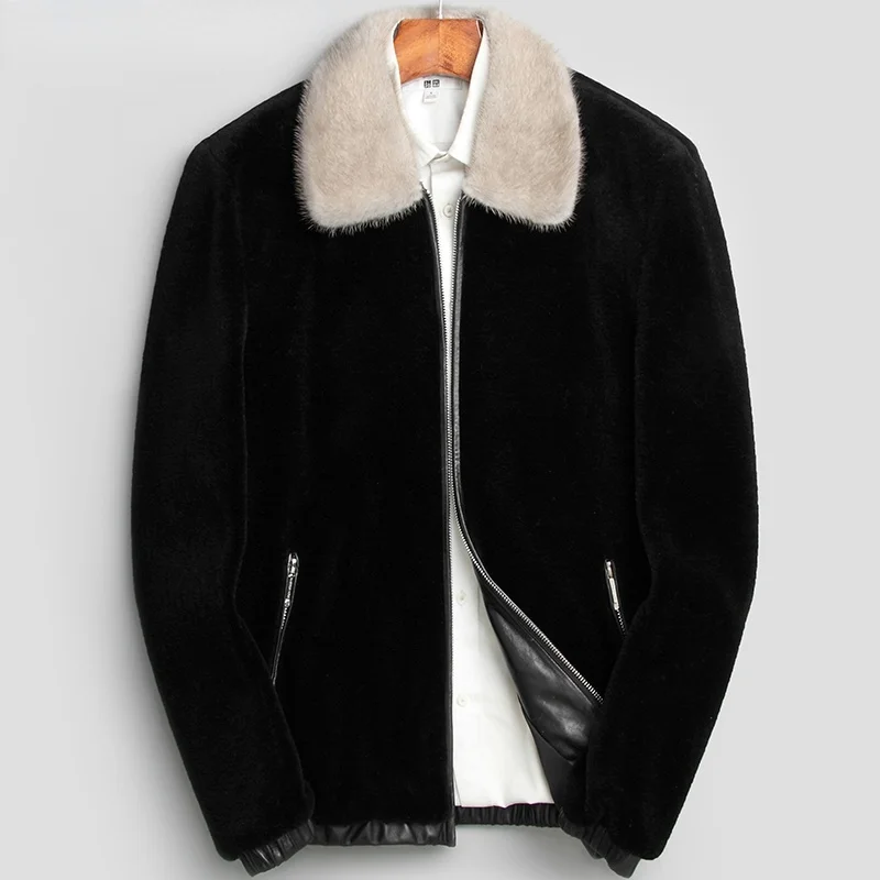 

Мужская повседневная куртка из 100% натуральной шерсти, осенне-зимняя куртка с воротником из меха норки 2021, мужская куртка с овчиной стрижкой ...