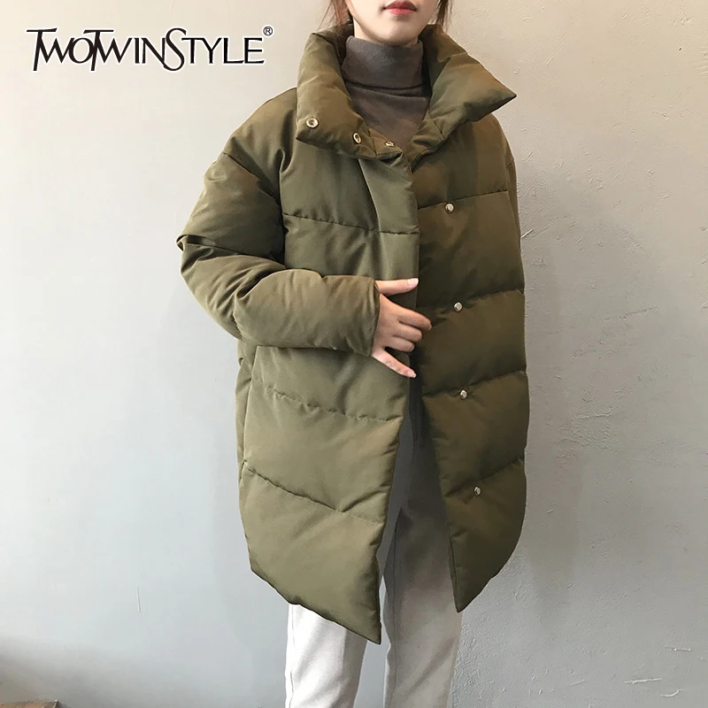 TWOTWINSTYLE Casual Thick Cotton Coat For Women Stand Collar Loose Long Sleeve Single Breasted Coats Female 2021 Winter Clothing
TWOTWINSTYLE Casual Thick Cotton Coat For Women Stand Collar Loose Long Sleeve Single Breasted Coats Female 2021 Winter Clothing