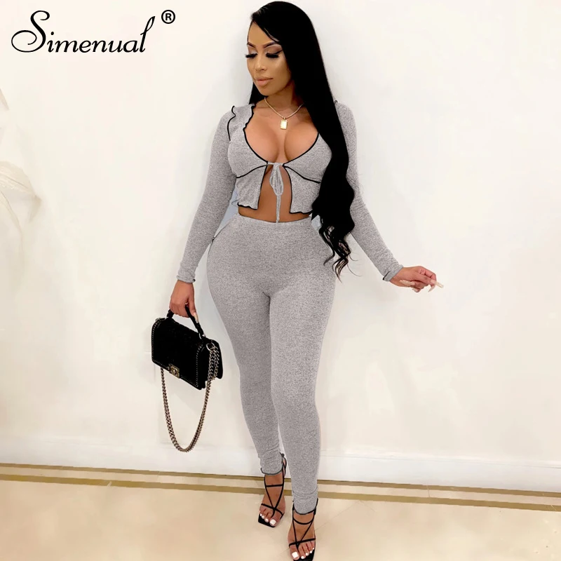 Simenual V Neck Tie Front Fall 2021 Women Matching Sets Long Sleeve Fashion Sexy Birthday Crop Top And Pants Two Piece Outfits 
Simenual V Neck Tie Front Fall 2021 Women Matching Sets Long Sleeve Fashion Sexy Birthday Crop Top And Pants Two Piece Outfits
