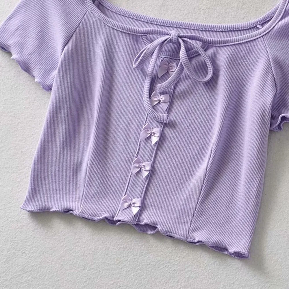 2021 new women's candy color square collar bowknot short-sleeved knitted shirt crop top T-shirt summer clothing 
2021 new women's candy color square collar bowknot short-sleeved knitted shirt crop top T-shirt summer clothing