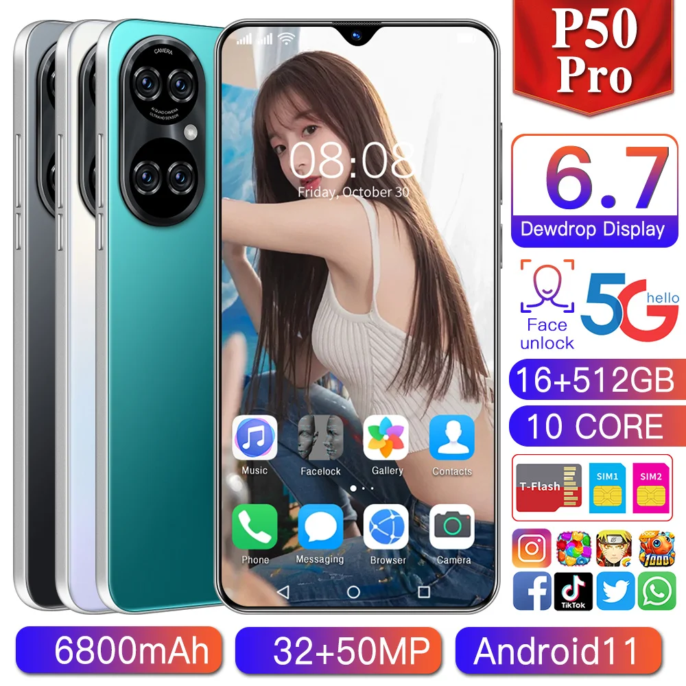 P50pro Smartphone 6.7 inch 8/12/16GB+128/256/512GB Android Global Version Phone Android 11/6800mah/5G Phone
P50pro Smartphone 6.7 inch 8/12/16GB+128/256/512GB Android Global Version Phone Android 11/6800mah/5G Phone
