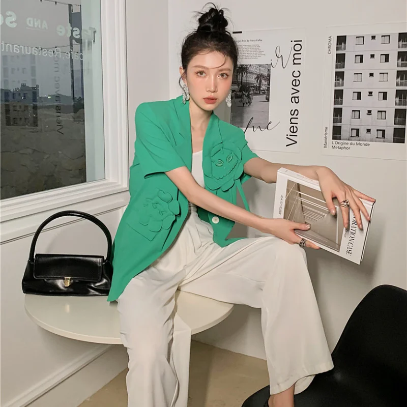 Kimotimo Women Green Short Sleeve Blazers 2021 Summer New Three-dimensional Decoration Thin Cute Coats Korean Street Fashion
Kimotimo Women Green Short Sleeve Blazers 2021 Summer New Three-dimensional Decoration Thin Cute Coats Korean Street Fashion
