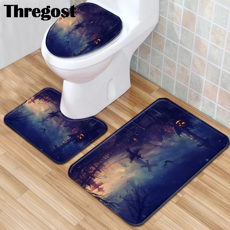 Thregost Bathroom Mats Set 3 Pcs Halloween Door Water Absorbent Rugs Shower Foot Holder Microfiber Non-Slip Toilet Rug | Дом и сад