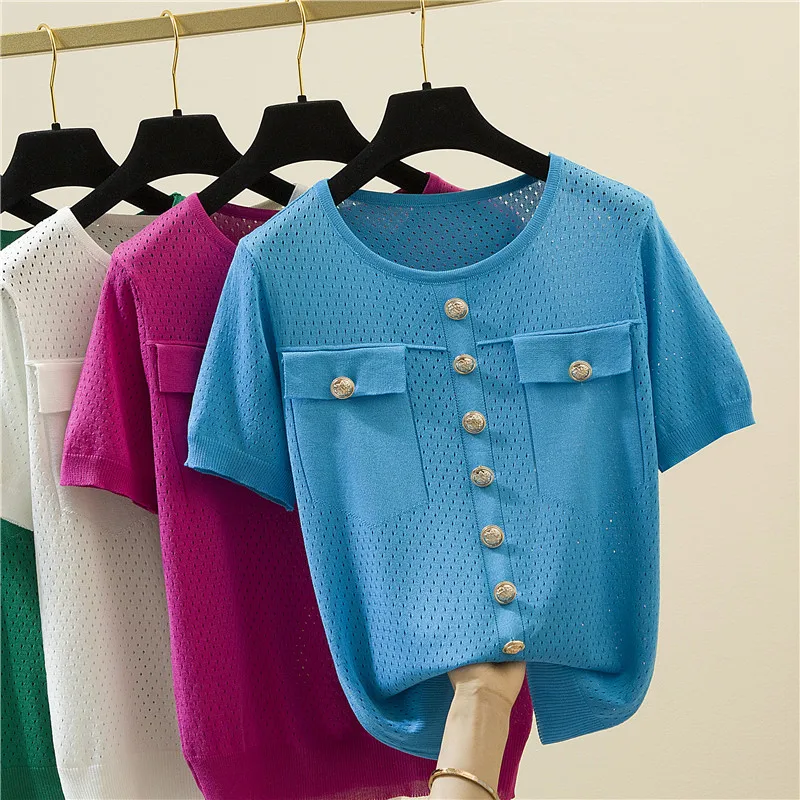 2021 Summer Vogue Knitted T shirt Women O-Neck Short Sleeve Loose Hollow Out Solid Tee Shirt Femme Ladies Pullover Tshirt Tops
2021 Summer Vogue Knitted T shirt Women O-Neck Short Sleeve Loose Hollow Out Solid Tee Shirt Femme Ladies Pullover Tshirt Tops