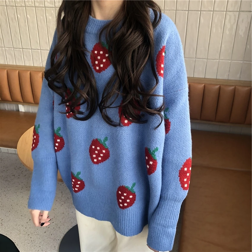 Женский свитер оверсайз с клубничным жаккардовым узором Kawaii, Корейские вязаные джемперы с длинным рукавом, свободные пуловеры с круглым вы...
Женский свитер оверсайз с клубничным жаккардовым узором Kawaii, Корейские вязаные джемперы с длинным рукавом, свободные пуловеры с круглым вы...