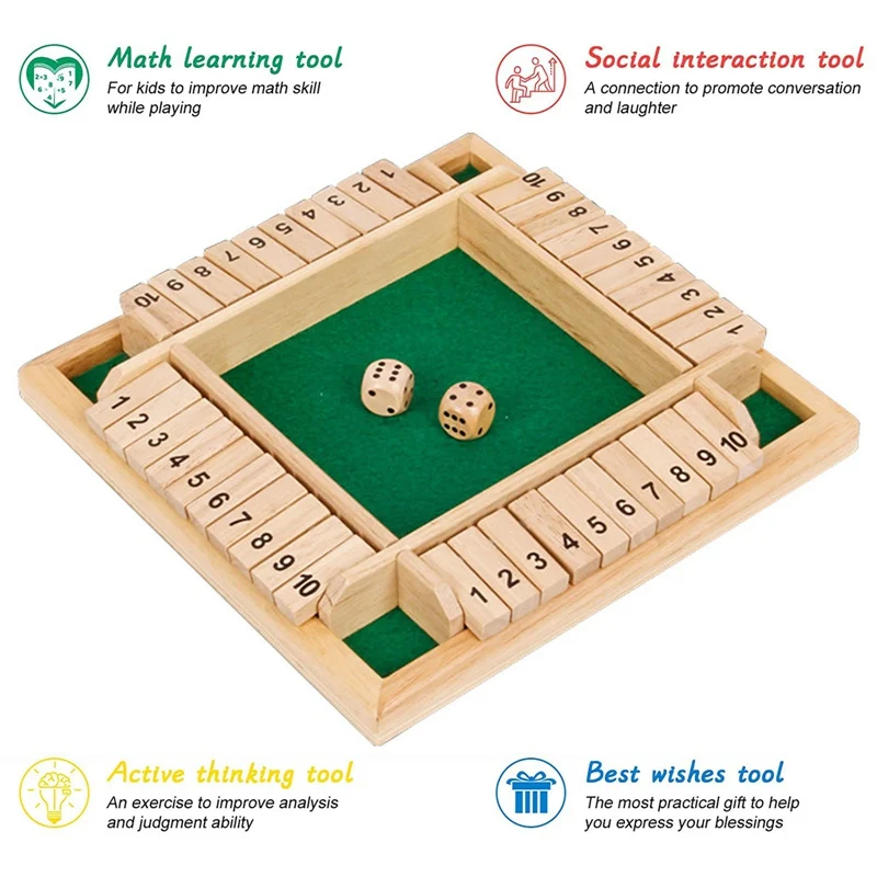 30*30*4.5cm Shut The Box Dice Game 4 Sided Large Wooden Board Tabletop Family Game for Kids Learning Math Addition Game Gift 
30*30*4.5cm Shut The Box Dice Game 4 Sided Large Wooden Board Tabletop Family Game for Kids Learning Math Addition Game Gift