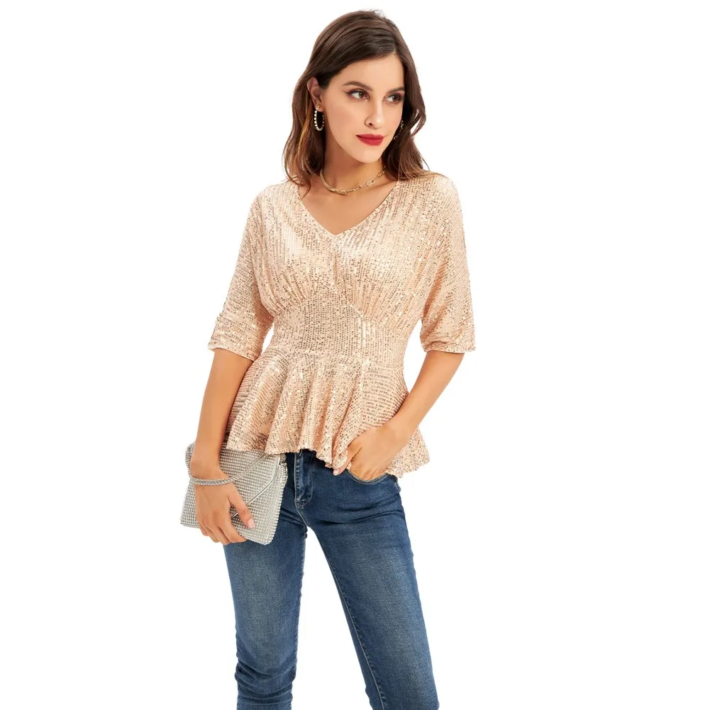 Women T-shirt Sequined Peplum Tops 1/2 Batwing Sleeve V-Neck Defined Waist Tops Casual Clothing Youth Girls Lady Summer Tee New
Women T-shirt Sequined Peplum Tops 1/2 Batwing Sleeve V-Neck Defined Waist Tops Casual Clothing Youth Girls Lady Summer Tee New