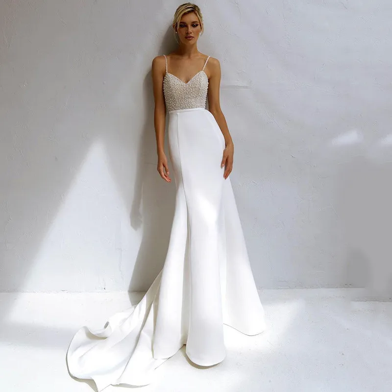 Sexy Mermaid Wedding Dresses Coset Pearls Wedding Gowns Spaghetti Straps Satin 2021 Bride Dress Beach Vestidos de Noiva Sereia
Sexy Mermaid Wedding Dresses Coset Pearls Wedding Gowns Spaghetti Straps Satin 2021 Bride Dress Beach Vestidos de Noiva Sereia