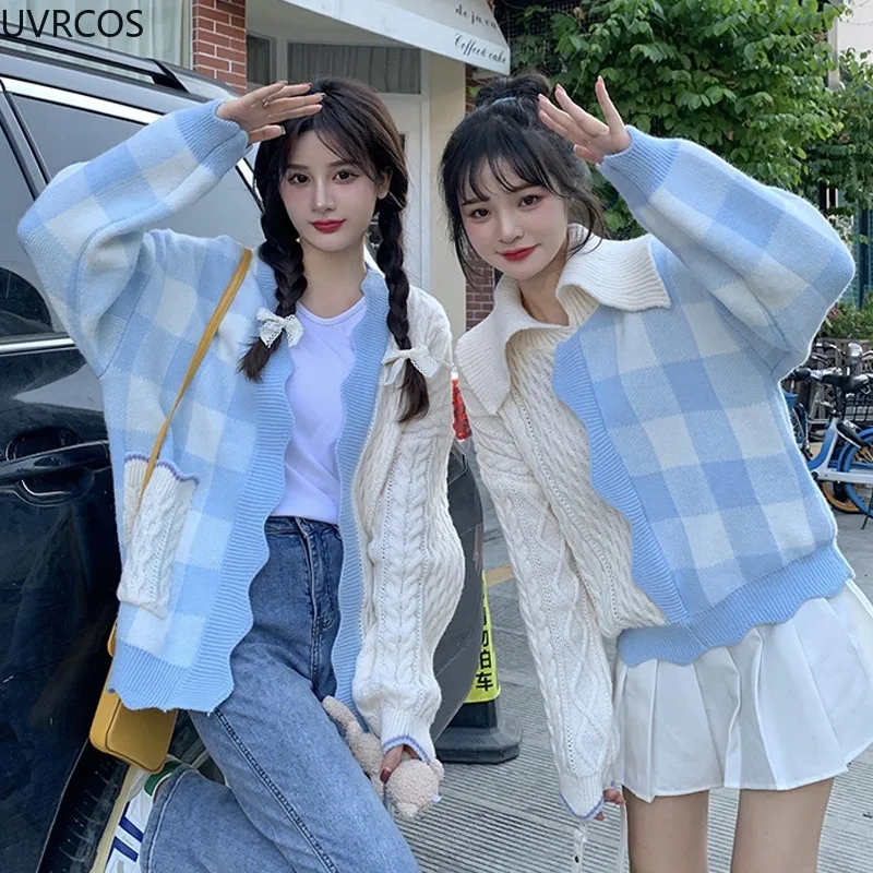 Korean Fashion Sweet Knitted Sweater Women Autumn V-Neck Patchwork Plaid Cardigan Outerwear Top Lady Harajuku Casual Loose Coats
Korean Fashion Sweet Knitted Sweater Women Autumn V-Neck Patchwork Plaid Cardigan Outerwear Top Lady Harajuku Casual Loose Coats