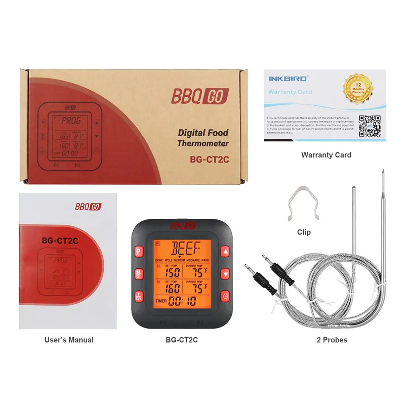 Inkbird BG-CT2C Food Meat Thermometer Kitchen Cooking Function with Timer Alarm and Stainless Steel Probes for Oven BBQ Grilling
Inkbird BG-CT2C Food Meat Thermometer Kitchen Cooking Function with Timer Alarm and Stainless Steel Probes for Oven BBQ Grilling