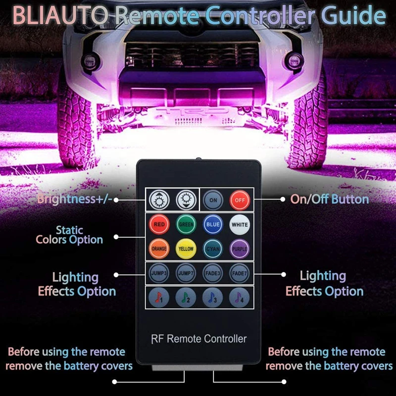 4pcs Car Underglow LED Light Kit Underbody Strip Lighting LED RGB Rock Lights Sound Active Function Wireless Remote Control Neon
4pcs Car Underglow LED Light Kit Underbody Strip Lighting LED RGB Rock Lights Sound Active Function Wireless Remote Control Neon