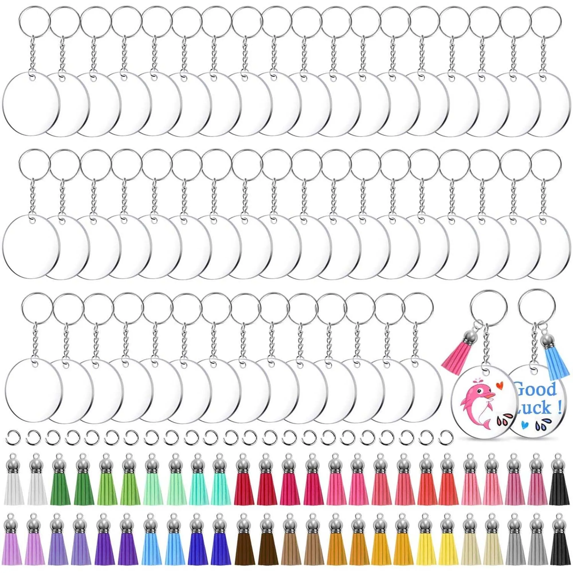 200Pcs Acrylic Clear Circle Discs Keychain Set Round Blank Leather Tassel Pendant Jump Rings For DIY
200Pcs Acrylic Clear Circle Discs Keychain Set Round Blank Leather Tassel Pendant Jump Rings For DIY