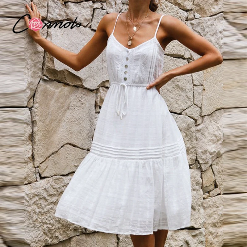 Conmoto Cotton White V-neck suspender women dress Summer Solid high waist ruffled A-line dresses Elegant lace-up button dress
Conmoto Cotton White V-neck suspender women dress Summer Solid high waist ruffled A-line dresses Elegant lace-up button dress