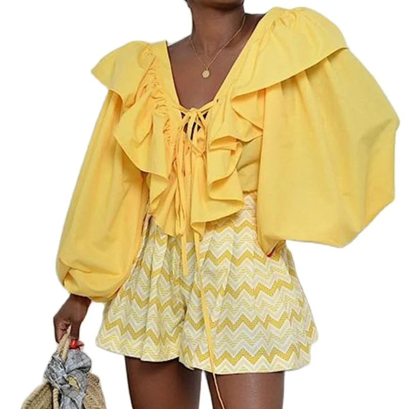 Office Lady Women Blouses Girls Loose Casual Sexy Lace Up T-shirt Tops V Neck Autumn Yellow Fashion Pullover Tee Top
Office Lady Women Blouses Girls Loose Casual Sexy Lace Up T-shirt Tops V Neck Autumn Yellow Fashion Pullover Tee Top