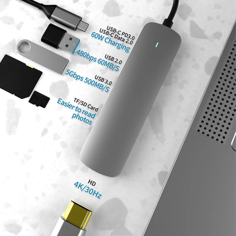6 in 1 Type C Hub 4K USB 3.0 Aluminium Hub Dongle with HDMI-Compatible Output Support PD/TF/SD for Notebook Phone
6 in 1 Type C Hub 4K USB 3.0 Aluminium Hub Dongle with HDMI-Compatible Output Support PD/TF/SD for Notebook Phone