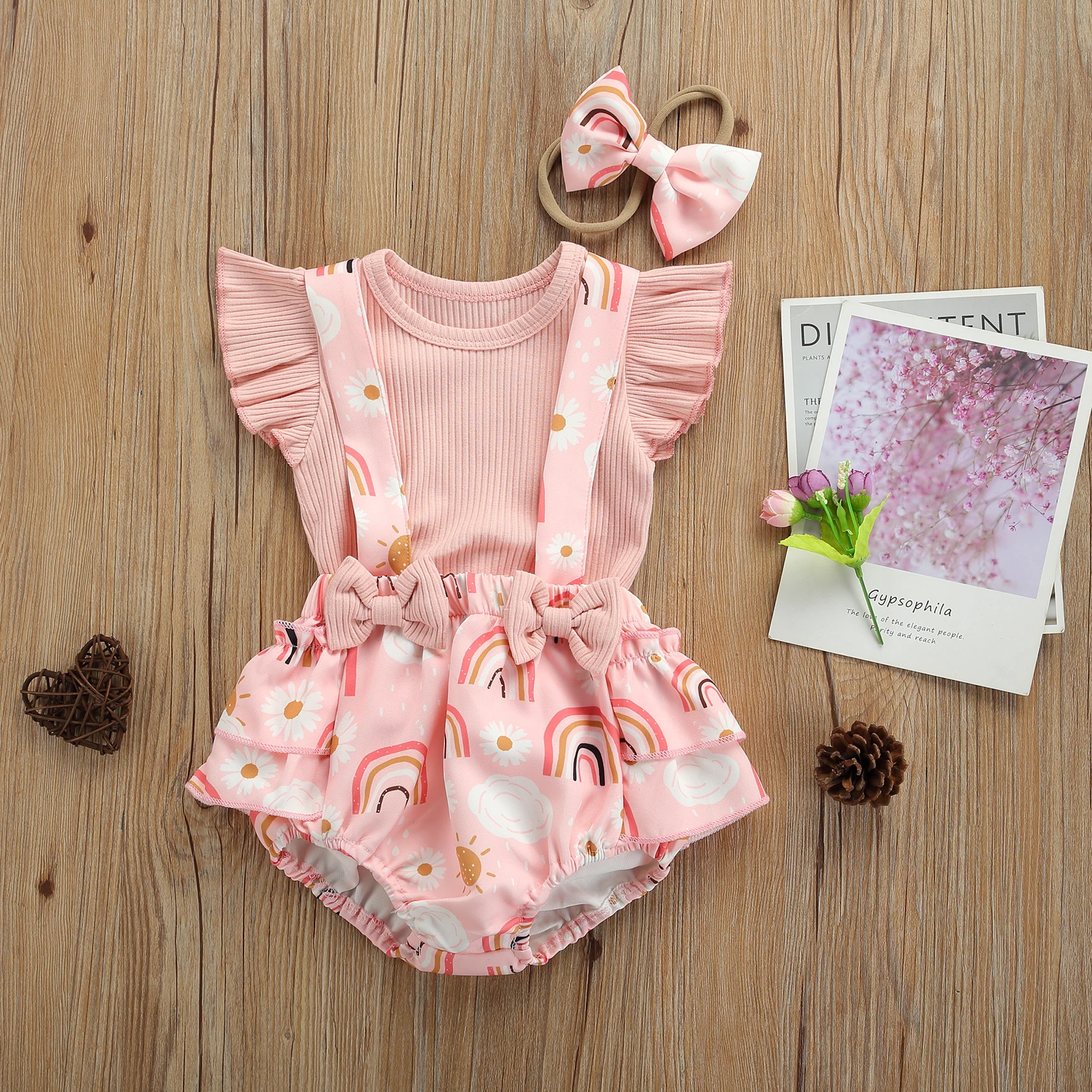 3Pcs Toddler Summer Outfit, Solid Color Ribbed Ruffle Sleeves Tops + Rainbow Bib Pants + Hair Rope for Baby Girls, 0-18 Months
3Pcs Toddler Summer Outfit, Solid Color Ribbed Ruffle Sleeves Tops + Rainbow Bib Pants + Hair Rope for Baby Girls, 0-18 Months