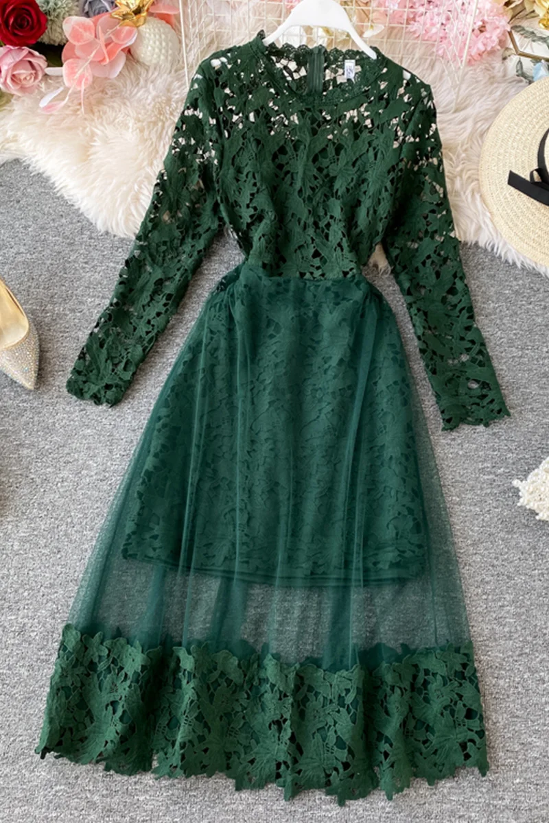 Mesh Patchwork Slim Waist Sexy Hollow Out Lace Dress O-neck Elegant Femme Vestidos Solid Color Fashion New Dresses Women 2021
Mesh Patchwork Slim Waist Sexy Hollow Out Lace Dress O-neck Elegant Femme Vestidos Solid Color Fashion New Dresses Women 2021