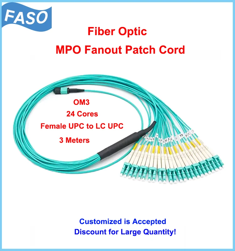 FASO 5Pcs Fiber Optic 24 Core OM3 MPO Male to LC/UPC Harnesses Fanout Patch Cords
FASO 5Pcs Fiber Optic 24 Core OM3 MPO Male to LC/UPC Harnesses Fanout Patch Cords