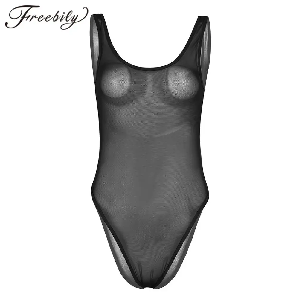 

New Fashion One Piece Swimsuit Thong Women Bikini Sexy Mesh See Through Sheer Sleeveless Bodysuit Female Monokini Swimwear