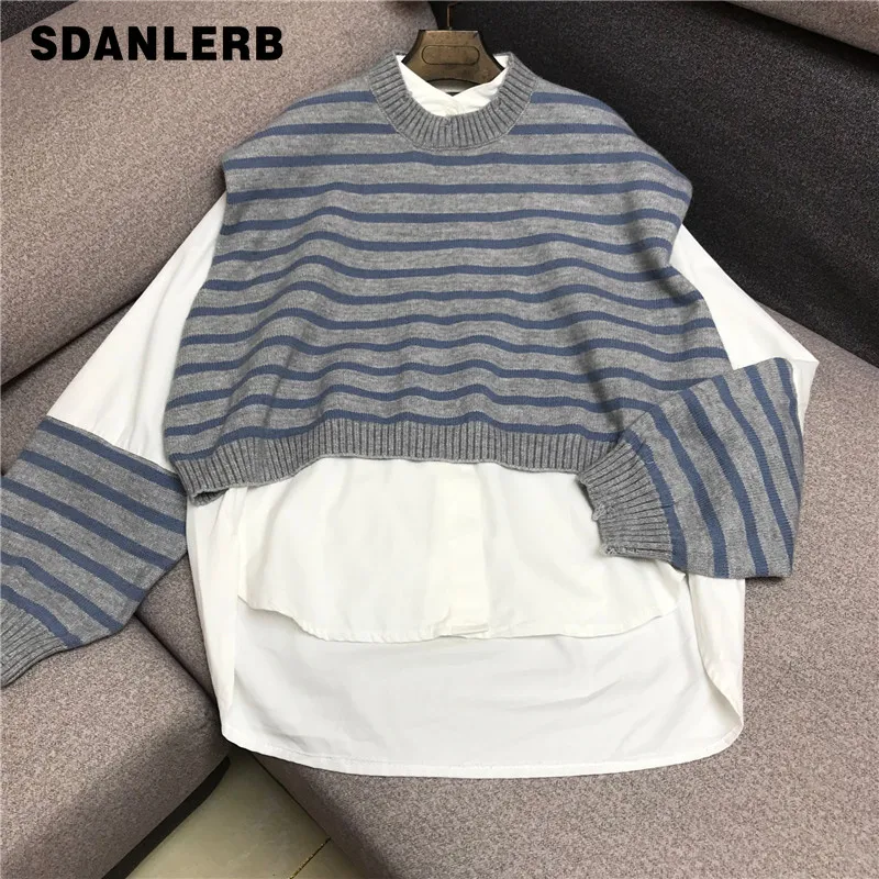 Fall Winter Outer Wear Sweater Women's Loose Lazy Style Kniited Shirt Stitching Fake Two-Piece Striped Pullover Long Sleeve Top
Fall Winter Outer Wear Sweater Women's Loose Lazy Style Kniited Shirt Stitching Fake Two-Piece Striped Pullover Long Sleeve Top