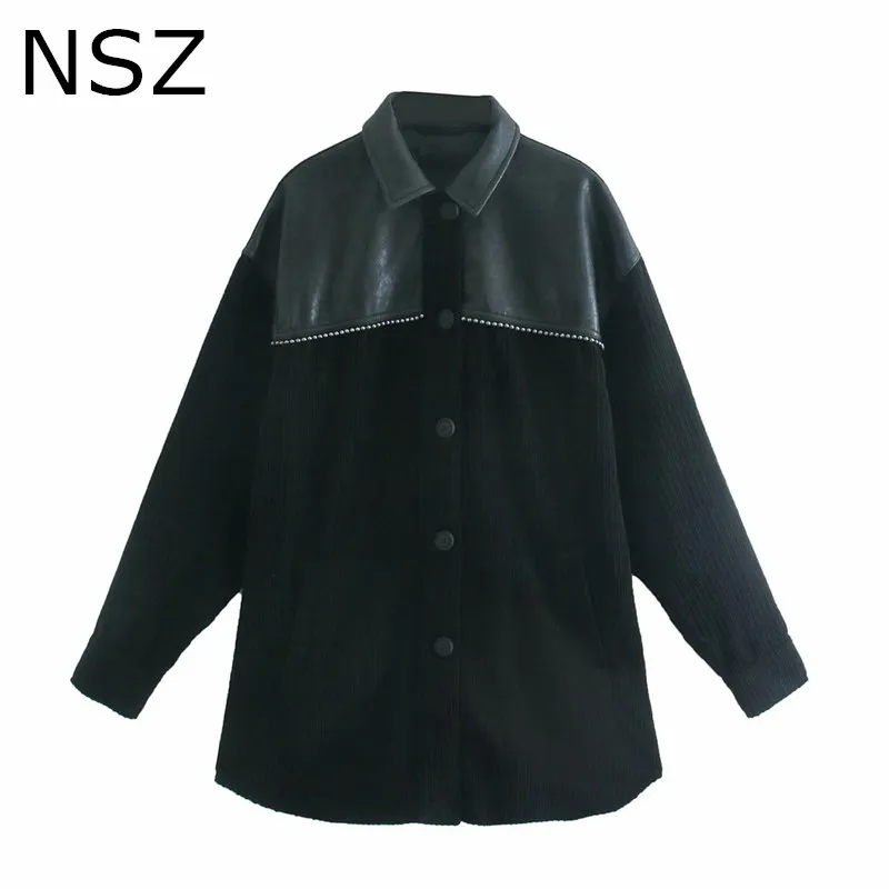 NSZ women black pu faux leather patchwork corduroy beaded oversized jacket fall fashion big loose coat long sleeve outerwear | Женская