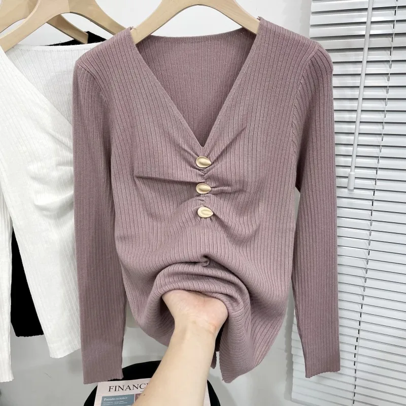 Autumn Winter Three Buttons Pleated Sexy Deep V-Neck Long-Sleeved Sweater Women Slim Elegant Casaul Bottoming Shirt Top Jumpers
Autumn Winter Three Buttons Pleated Sexy Deep V-Neck Long-Sleeved Sweater Women Slim Elegant Casaul Bottoming Shirt Top Jumpers