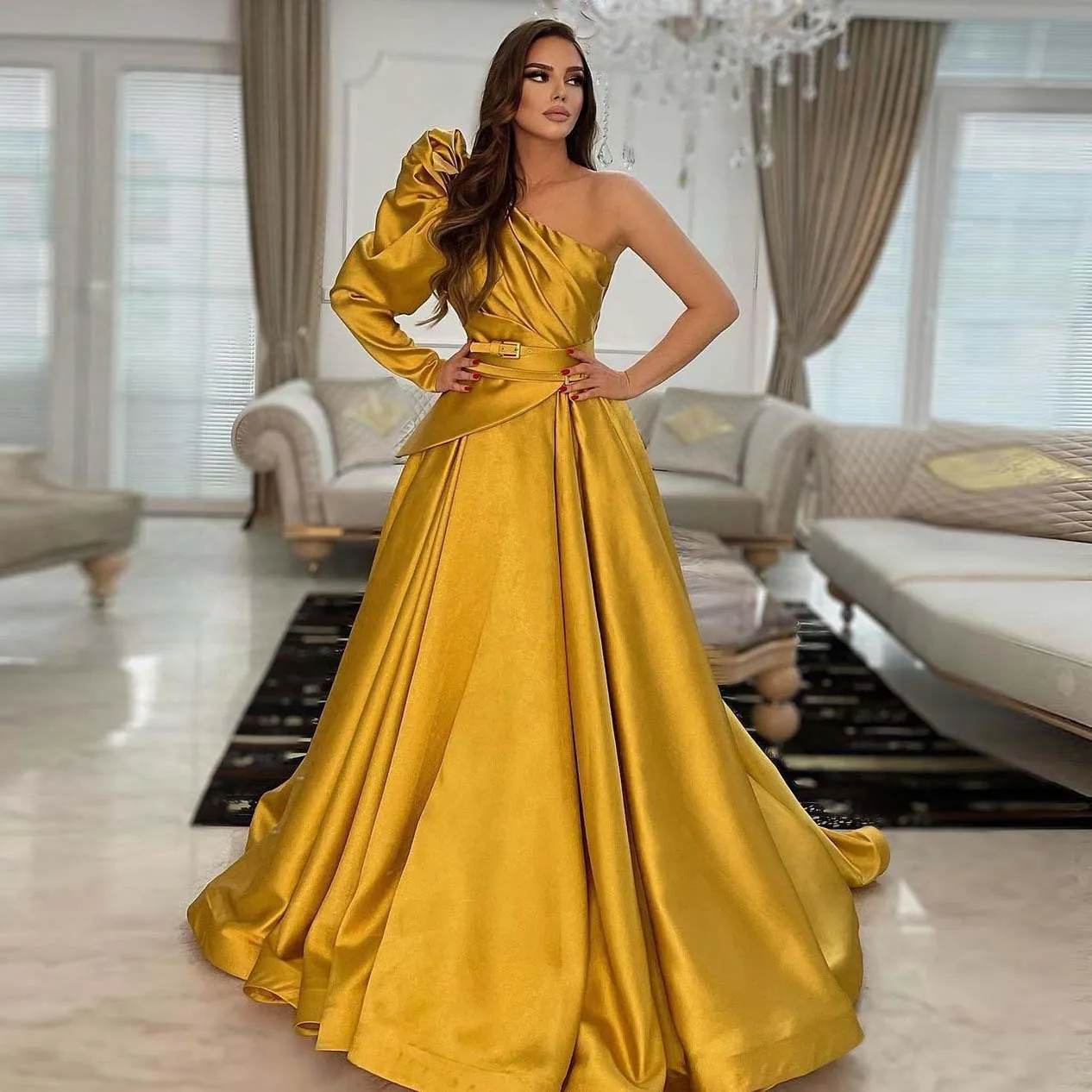 Yellow Elegant Exquisite Evening Dress One Shoulder A-Line Floor Length With Train Ruffle Ballgown Dubai Arabic Prom Dress
Yellow Elegant Exquisite Evening Dress One Shoulder A-Line Floor Length With Train Ruffle Ballgown Dubai Arabic Prom Dress