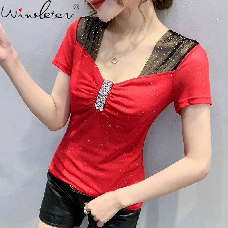 Summer Korean Style T-Shirt Girls Chic Spliced Shiny Diamonds Women Tops Short Sleeve Bottoming Shirt All Match Tees New T13117A
Summer Korean Style T-Shirt Girls Chic Spliced Shiny Diamonds Women Tops Short Sleeve Bottoming Shirt All Match Tees New T13117A