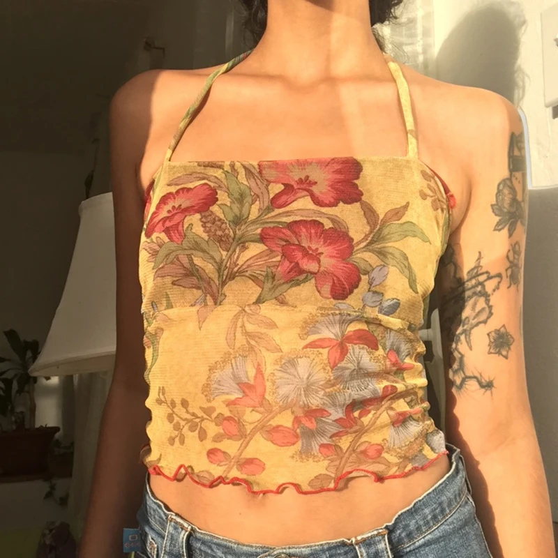 Floral y2k Crop Top Mesh See Through Sexy Corset Top Frill Cross Halter Sweats Female Summer Party Clubwear Cute Vests
Floral y2k Crop Top Mesh See Through Sexy Corset Top Frill Cross Halter Sweats Female Summer Party Clubwear Cute Vests