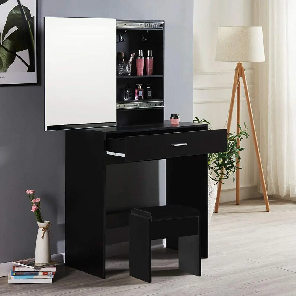Туалетный столик Mondeer с зеркалом MDF с 2 скрытыми полками и табуретом 80x40x148 см белый/черный современный черный
Туалетный столик Mondeer с зеркалом MDF с 2 скрытыми полками и табуретом 80x40x148 см белый/черный современный черный