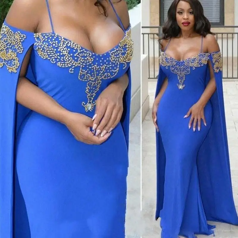 Sexy Spaghetti Strap Mermaid Evening Dresses With Cape Crystal Beaded Prom Dress Ruched Satin Royal Blue Pageant Party Gowns
Sexy Spaghetti Strap Mermaid Evening Dresses With Cape Crystal Beaded Prom Dress Ruched Satin Royal Blue Pageant Party Gowns