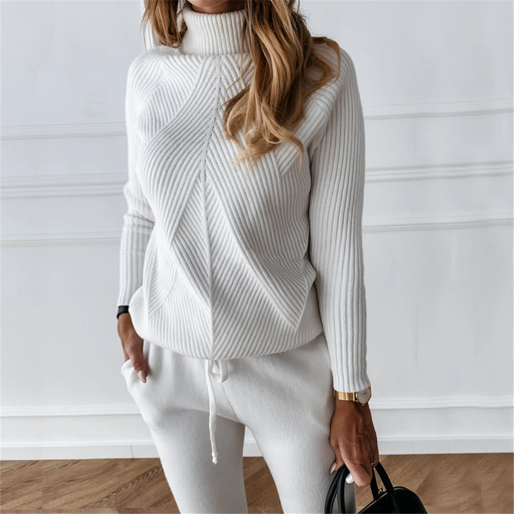 Autumn Winter Women's tracksuit Solid Color Striped Turtleneck Sweater and Elastic Trousers Suits Knitted Two Piece Set
Autumn Winter Women's tracksuit Solid Color Striped Turtleneck Sweater and Elastic Trousers Suits Knitted Two Piece Set