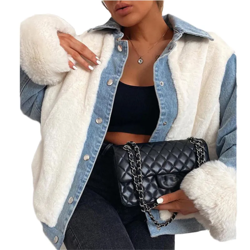 Autumn Winter Fur Coat Women New Clothing Casual Plush Denim Stitching Warm Jacket Single-breasted Long Sleeve Outer Wear LR1996
Autumn Winter Fur Coat Women New Clothing Casual Plush Denim Stitching Warm Jacket Single-breasted Long Sleeve Outer Wear LR1996