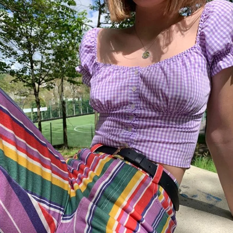 Summer Sweet Cropped Tops Purple 2021 Preppy Style Women Short Puff Sleeve Square Neck Tees Girls Korean Plaid Cute y2k Tops
Summer Sweet Cropped Tops Purple 2021 Preppy Style Women Short Puff Sleeve Square Neck Tees Girls Korean Plaid Cute y2k Tops